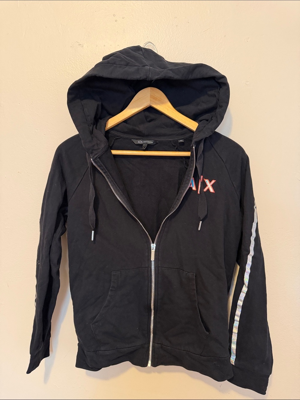 Armani Exchange Black Zip Hoodie with Holographic Sleeve Stripe